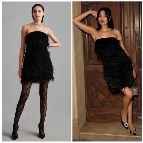 Vineet Bahl Anthropologie Of A Faux Feather Mini Dress Black NWT
